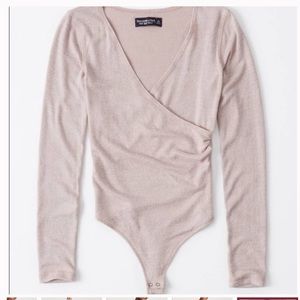 A&F wrap front long sleeve sweater bodysuit in CAMEL (tan) color